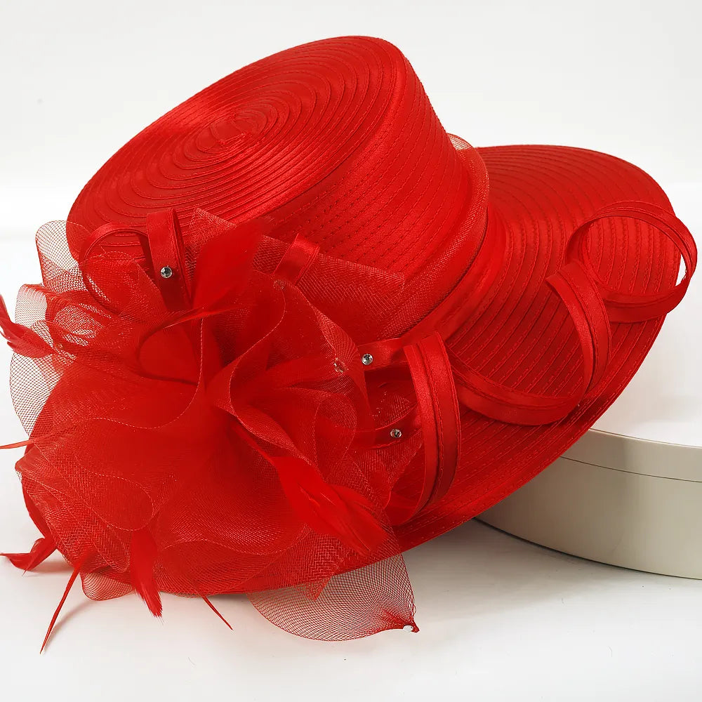 Side angle of red wide brim church hat with curled ribbon and mesh bow – FORBUSITE