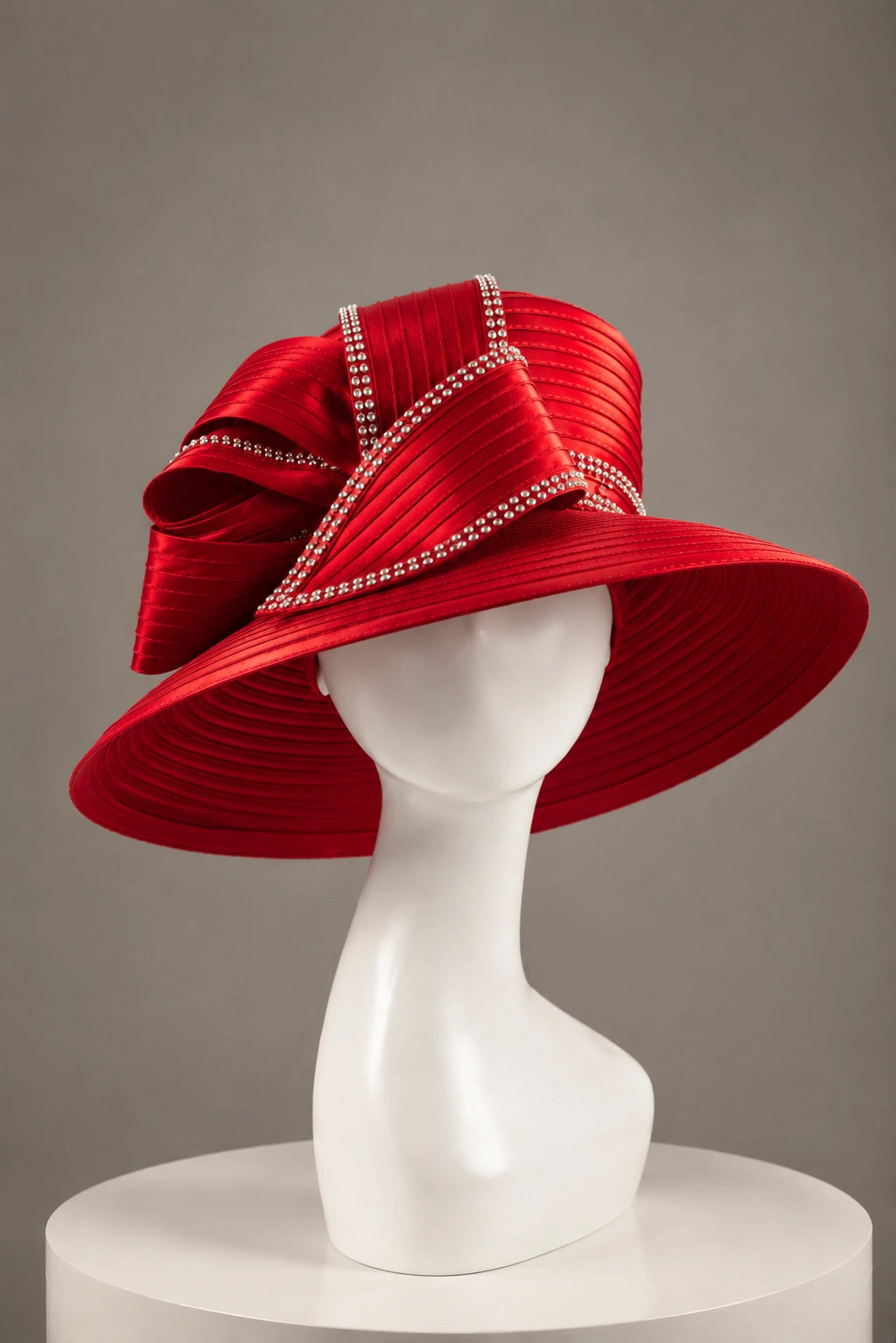 Red church hat luxury studio mannequin product photography clean background