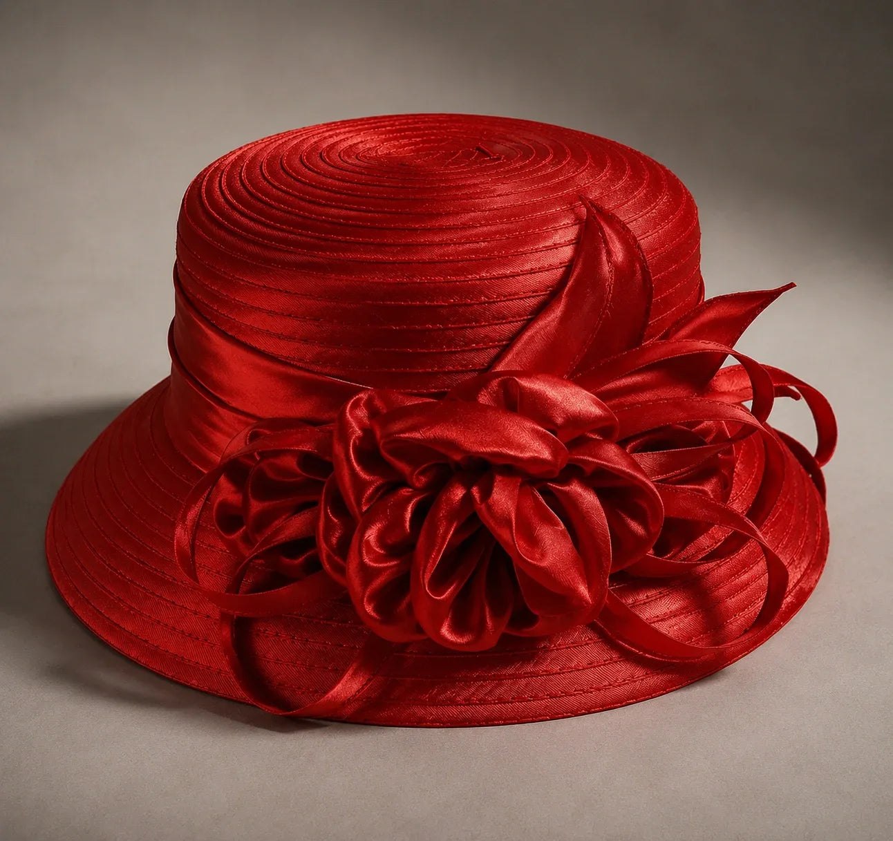 Flat lay of red cloche short brim church hat with satin ribbon flower, stylish women’s hat for Easter and weddings, FORBUSITE premium hat