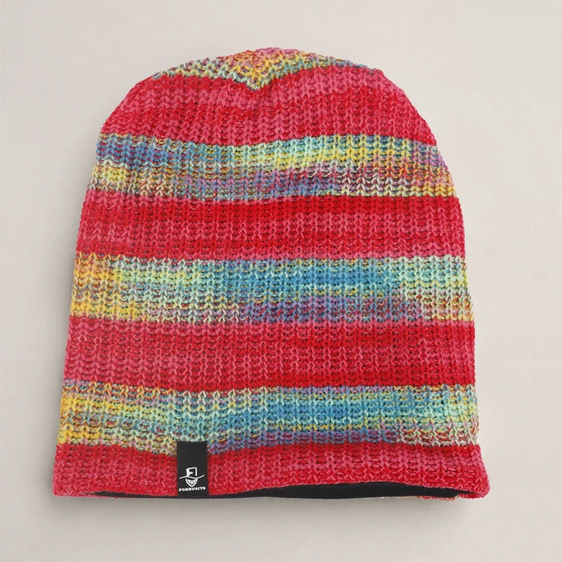 Red rainbow striped knit beanie hat with colorful soft textured yarn