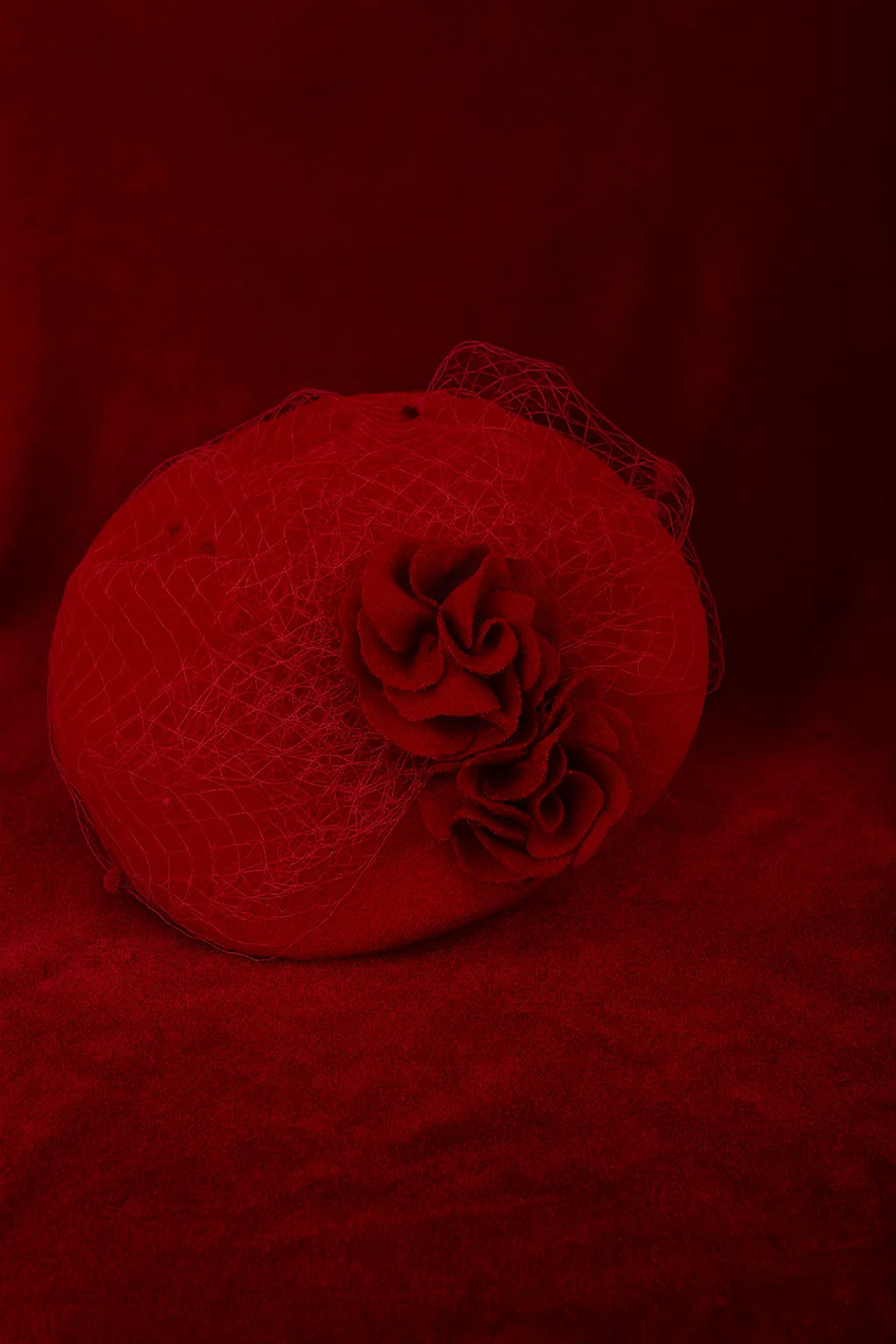 Red Rose Pillbox Church Fascinator Hat with Birdcage Veil for Weddings