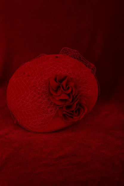 Red Rose Pillbox Church Fascinator Hat with Birdcage Veil for Weddings