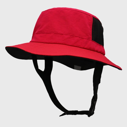 Vibrant red surf bucket hat with UPF 50+ UV protection, perfect for water sports, fishing, and beach activities. Adjustable and secure fit for outdoor use.