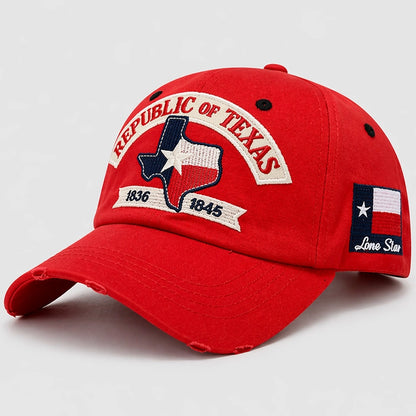 Red Texas Republic Baseball Cap with Embroidered Texas Flag, Lone Star Patch, 1836-1845