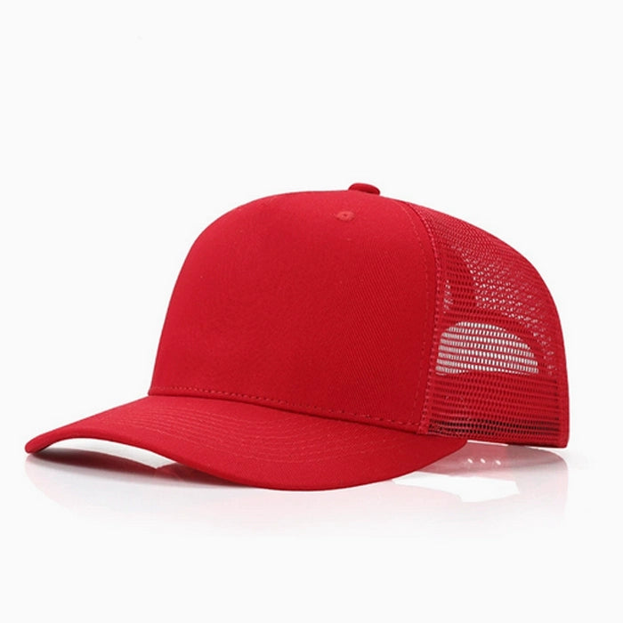 Bright red trucker cap with adjustable snapback, suitable for any casual outfit.