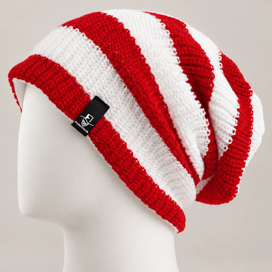 Red and white striped slouchy knit beanie with a relaxed oversized fit