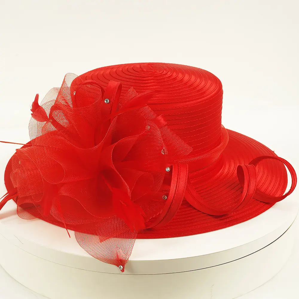 Front view of red church hat with wide brim, feather bow, and crystal accents – FORBUSITE