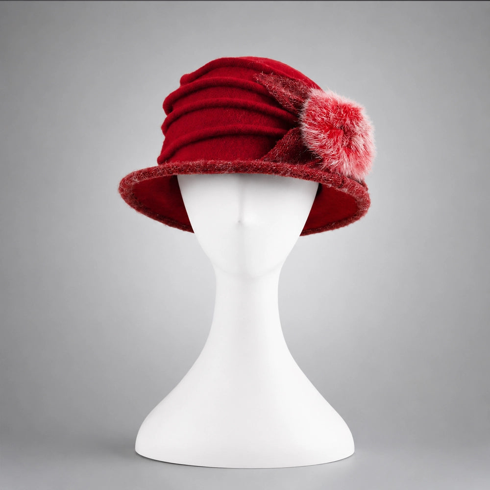 Red women’s boiled wool cloche hat with short brim and fuzzy side detail