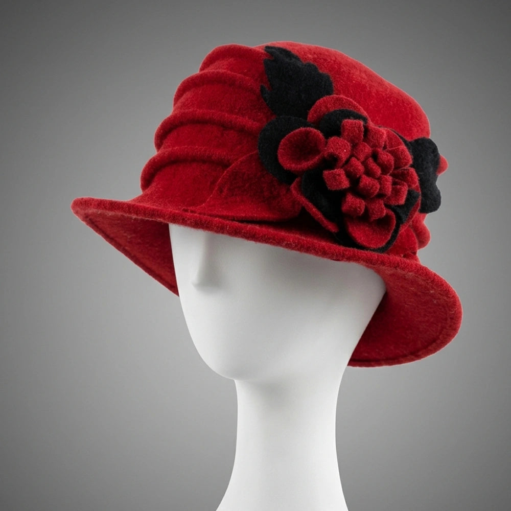 Red wool felt cloche hat with black and red floral side detail