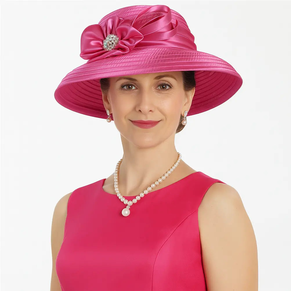 Rose pink church hat with elegant satin layers and pearl flower detail