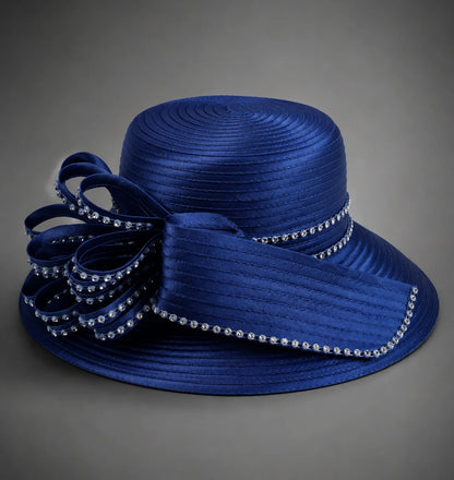 Royal blue church hat with rhinestone bow for choir event and church convention