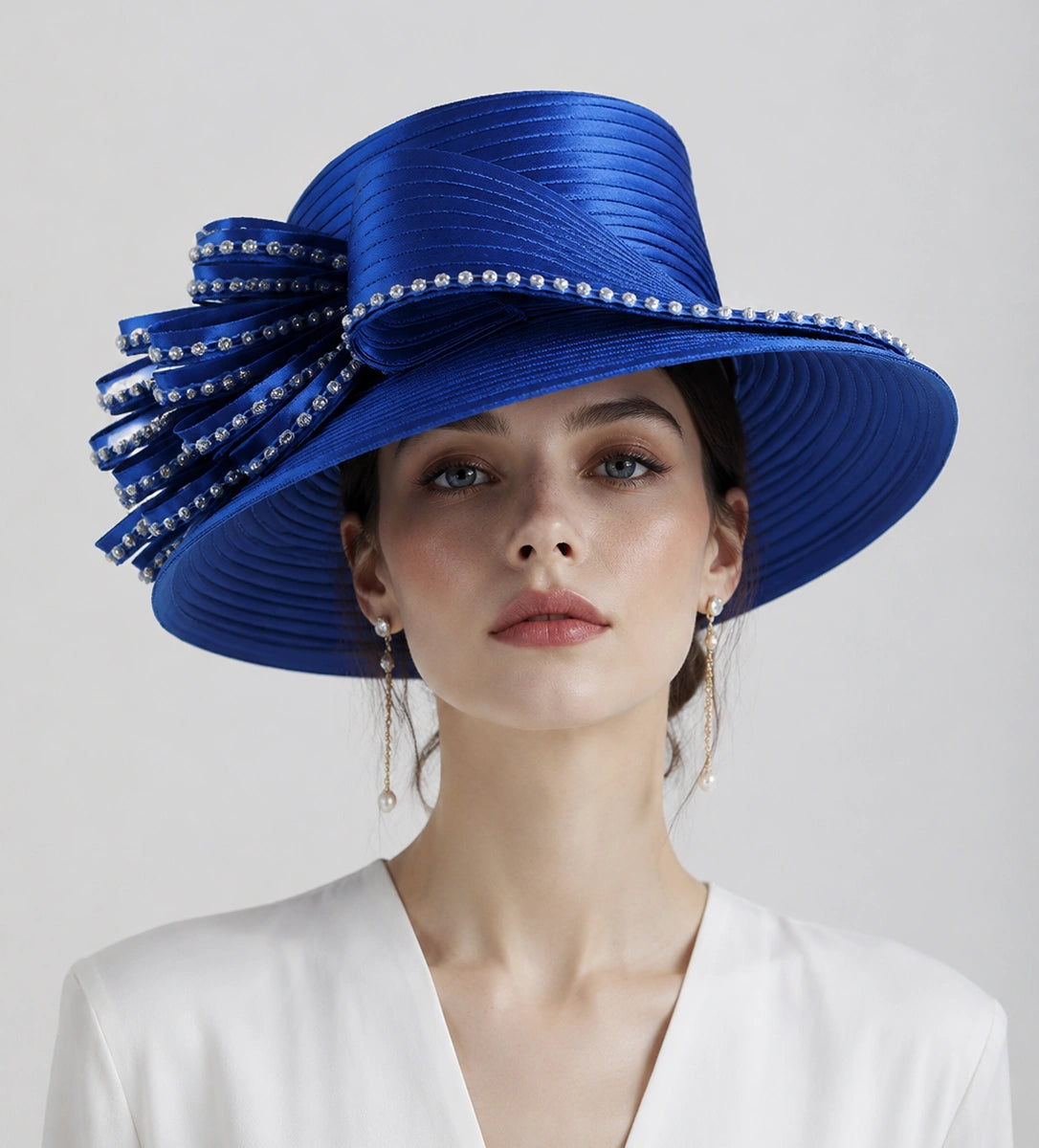 Royal blue church hat with wide brim rhinestone bow for church convention and Sunday service