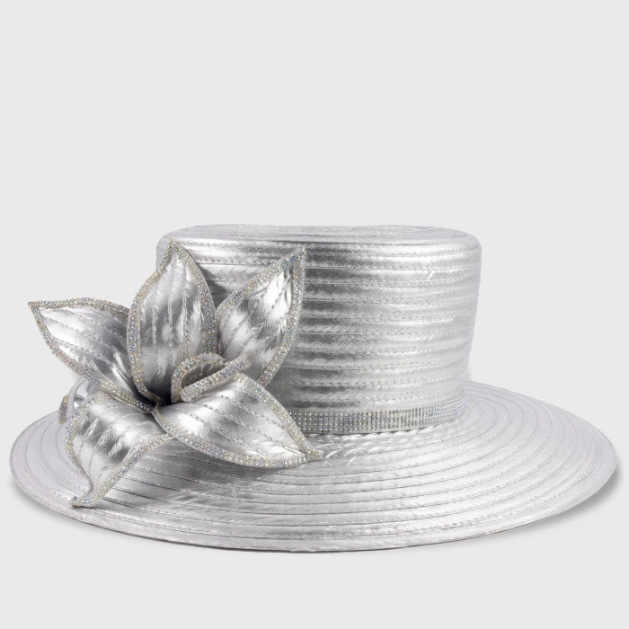 Stunning silver church hat adorned with a delicate flower accent, perfect for weddings, formal gatherings, and elegant events.