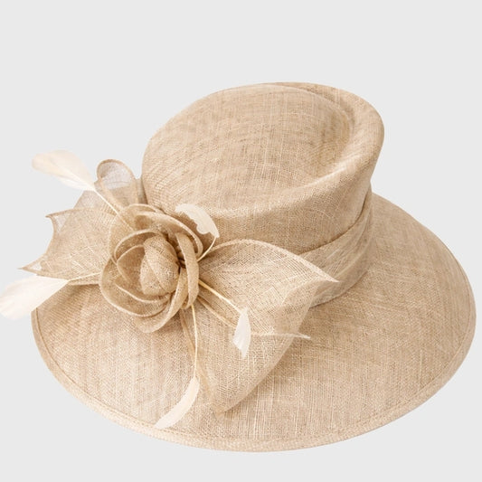 Elegant beige sinamay hat with a beautiful floral rose design, perfect for a classy outdoor event or special occasion.