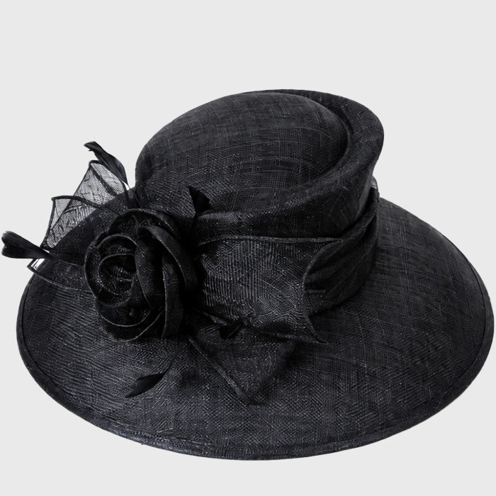 Black sinamay hat with a chic floral rose detail, ideal for upscale events or weddings.