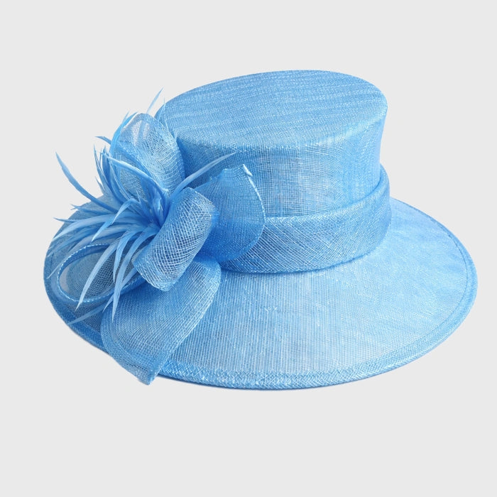 Charming light blue sinamay hat adorned with a beautiful feather flower design, perfect for tea parties and elegant ceremonies.
