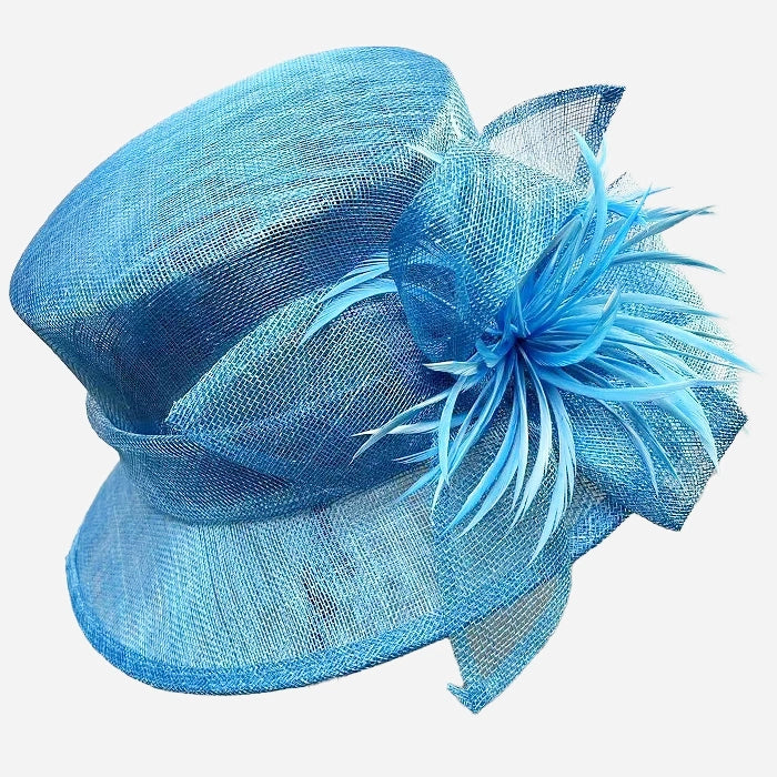 Sophisticated blue sinamay hat with delicate feather accents, ideal for upscale events like weddings, garden parties, and more.