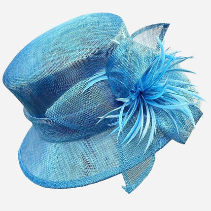 Sophisticated blue sinamay hat with delicate feather accents, ideal for upscale events like weddings, garden parties, and more.