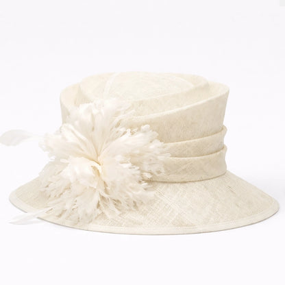 Elegant ivory sinamay hat adorned with a voluminous feather flower, ideal for church services or formal luncheons.