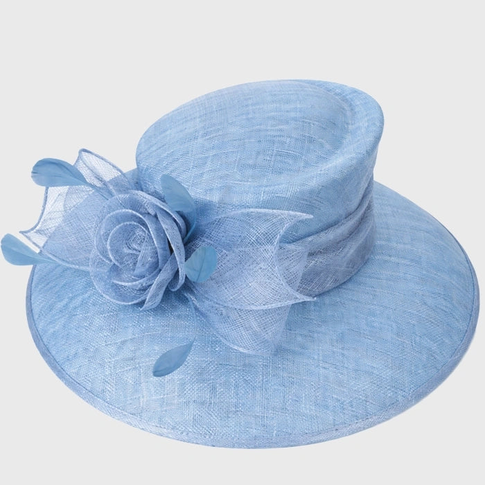 Light blue sinamay hat with floral rose accent, perfect for a formal garden party or elegant church service.