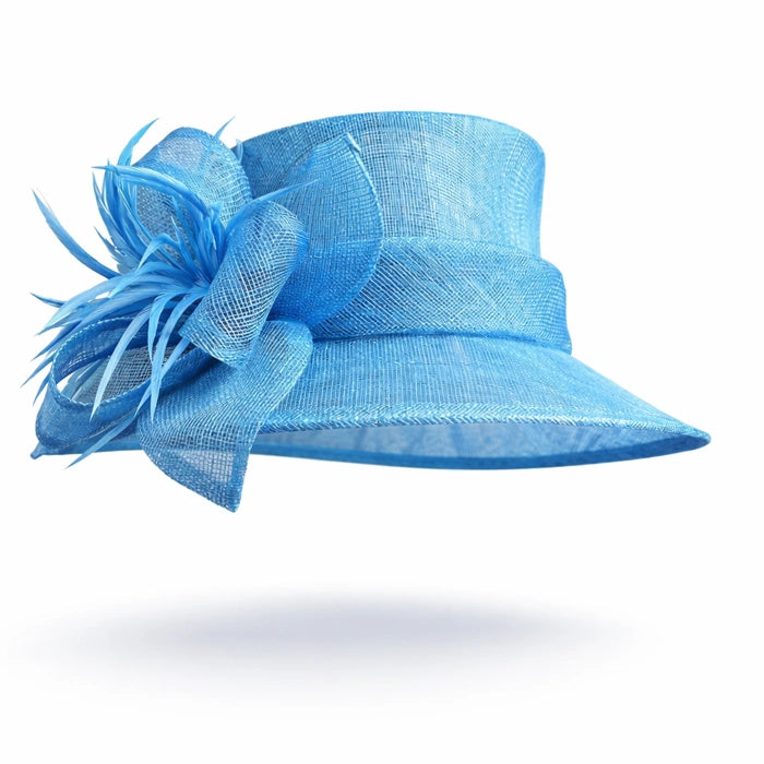 Timeless light blue sinamay hat with feather details and a ribbon accent, perfect for high-end events and formal occasions.