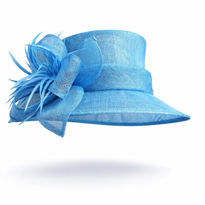 Timeless light blue sinamay hat with feather details and a ribbon accent, perfect for high-end events and formal occasions.
