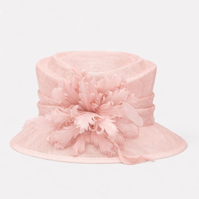 Light pink sinamay hat featuring elegant feather flowers, ideal for garden parties or upscale events.