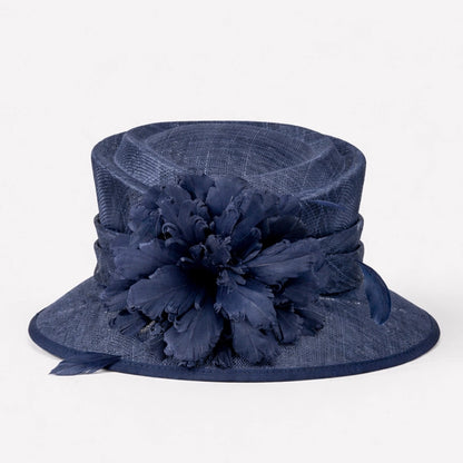 Sophisticated navy blue sinamay hat with rich feather flowers, perfect for weddings or formal gatherings.