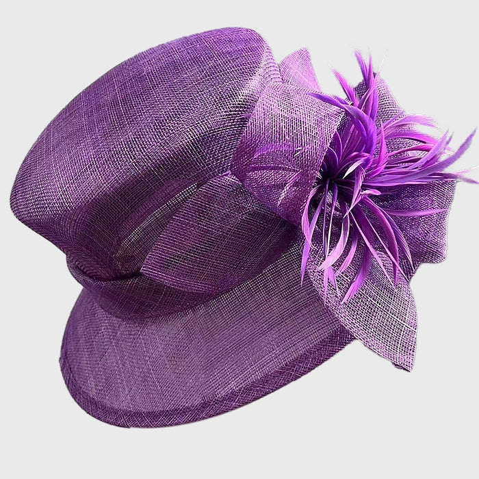 Vibrant purple sinamay hat featuring a stunning feather flower detail, ideal for weddings and afternoon tea parties.