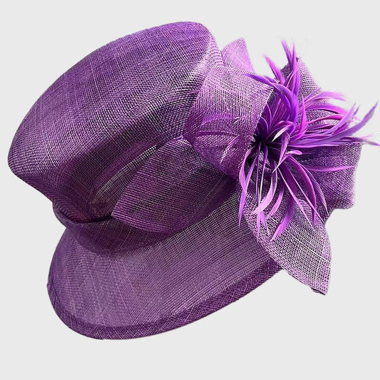 Vibrant purple sinamay hat featuring a stunning feather flower detail, ideal for weddings and afternoon tea parties.