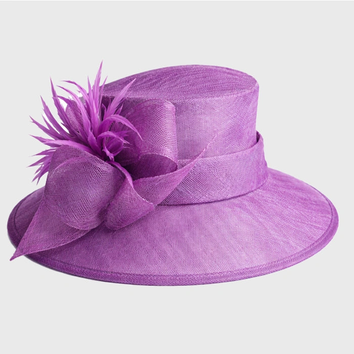 Elegant purple sinamay hat with a feather flower accent, perfect for formal events, weddings, and upscale gatherings.