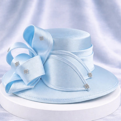 Sky blue satin church hat with sparkling crystal embellishments, perfect for formal events and church services.