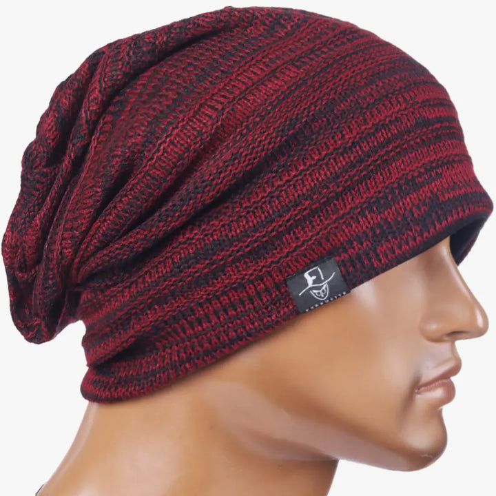Slouch beanie cap flat lay showing striped knit texture, oversized baggy beanie for casual outfits