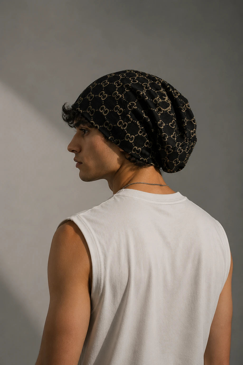 Black oversized slouchy beanie hat with CC jacquard knit pattern, baggy relaxed fit beanie cap for men and women, streetwear fashion winter hat