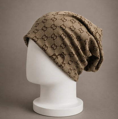 Brown oversized slouchy beanie hat with CC jacquard knit pattern, baggy relaxed fit beanie cap for men and women, all season fashion knit hat