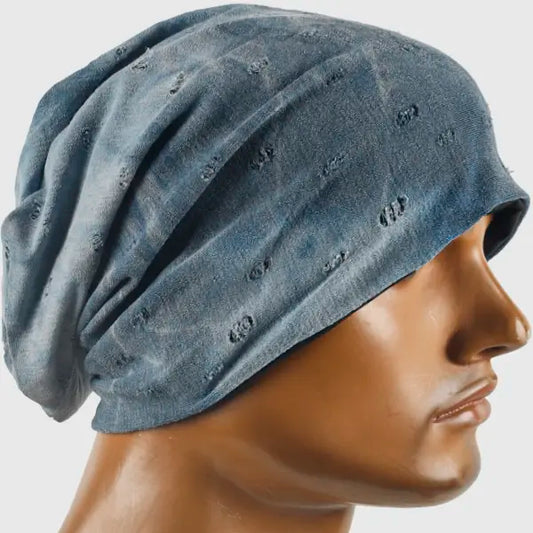 Unisex slouchy beanie cap with long relaxed fit, blue grey beanie hat made with high elasticity fabric for daily wear