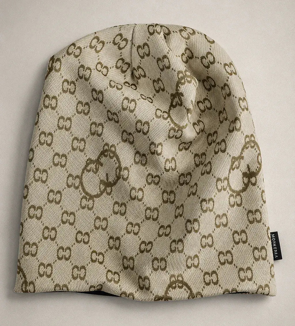 Back view of slouchy beanie hat, oversized baggy style, knit texture, double C jacquard print, suitable for men and women