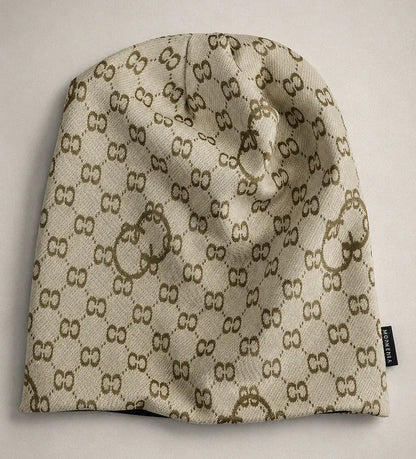 Back view of slouchy beanie hat, oversized baggy style, knit texture, double C jacquard print, suitable for men and women
