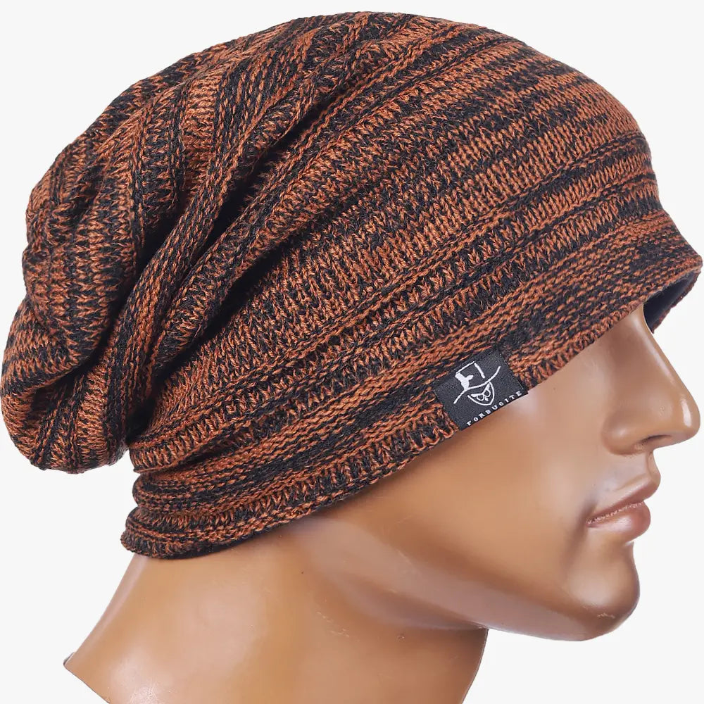 Slouchy beanie hat with long relaxed fit, striped knit style for modern street fashion