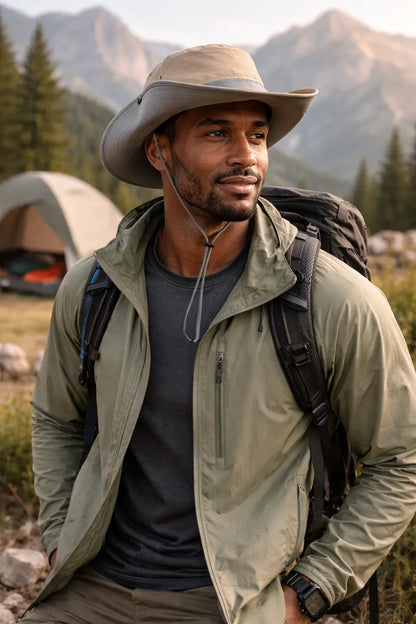 Gray sporty bucket hat for camping with UV protection and adjustable chin strap, ideal for outdoor enthusiasts.