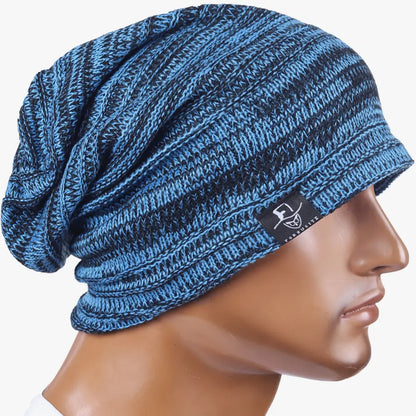 Street style slouch beanie hat in blue knit, long loose fit oversized beanie for casual outfits