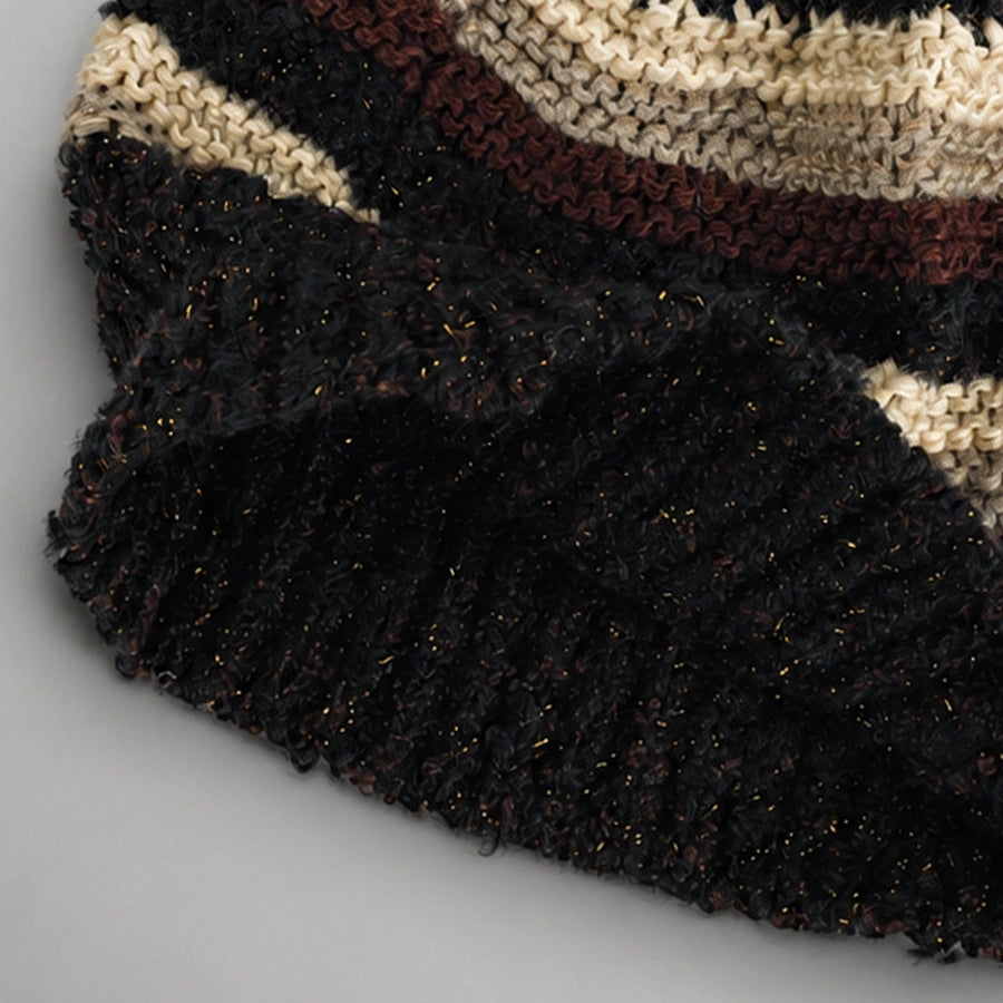 Close-up of the acrylic knit texture on a striped women’s beanie