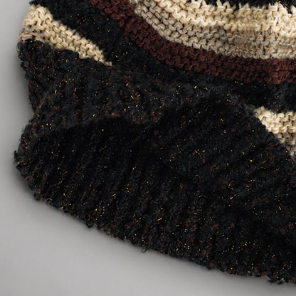 Close-up of the acrylic knit texture on a striped women’s beanie
