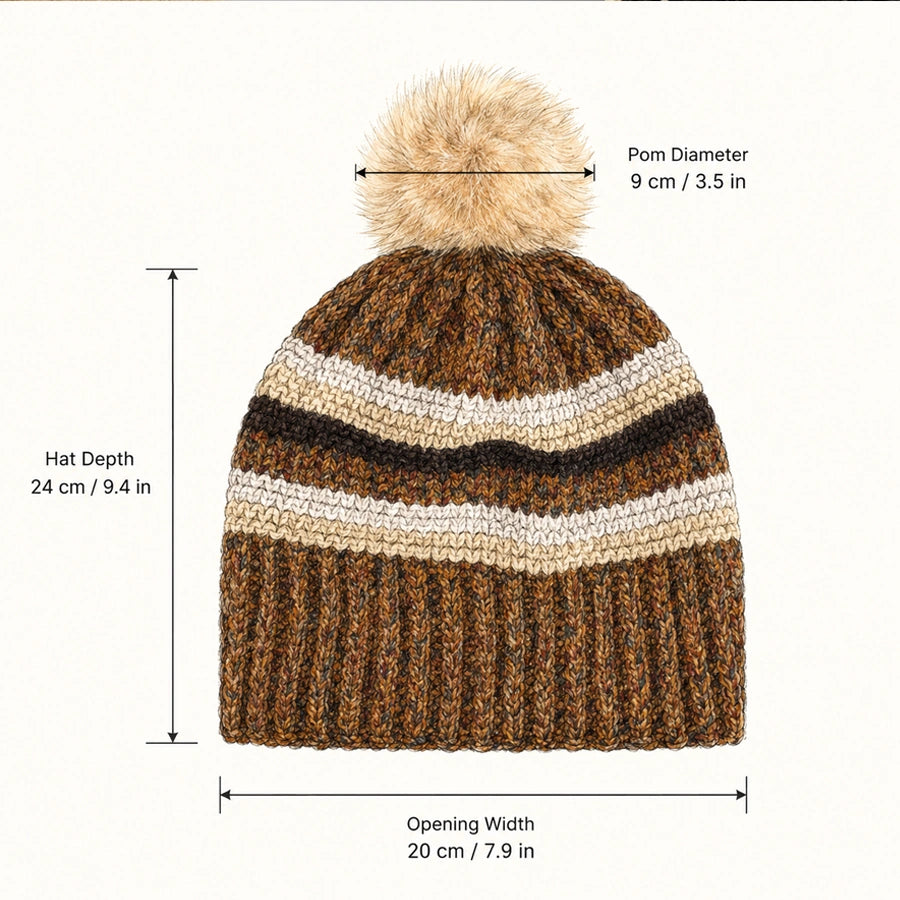 Striped pom pom beanie size chart showing 24 cm depth, 20 cm opening width and 9 cm pom diameter