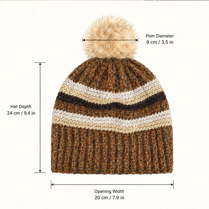 Striped pom pom beanie size chart showing 24 cm depth, 20 cm opening width and 9 cm pom diameter