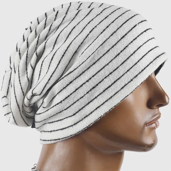 Striped slouch beanie cap in white, oversized streetwear style cotton beanie for all seasons