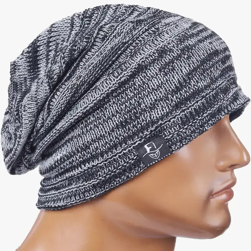 Striped slouch beanie hat in grey and black, unisex oversized beanie for street outfit, loose fit for men and women