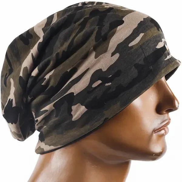 Tan camouflage baggy beanie hat worn on mannequin, street style slouch beanie for men and women, all season cotton