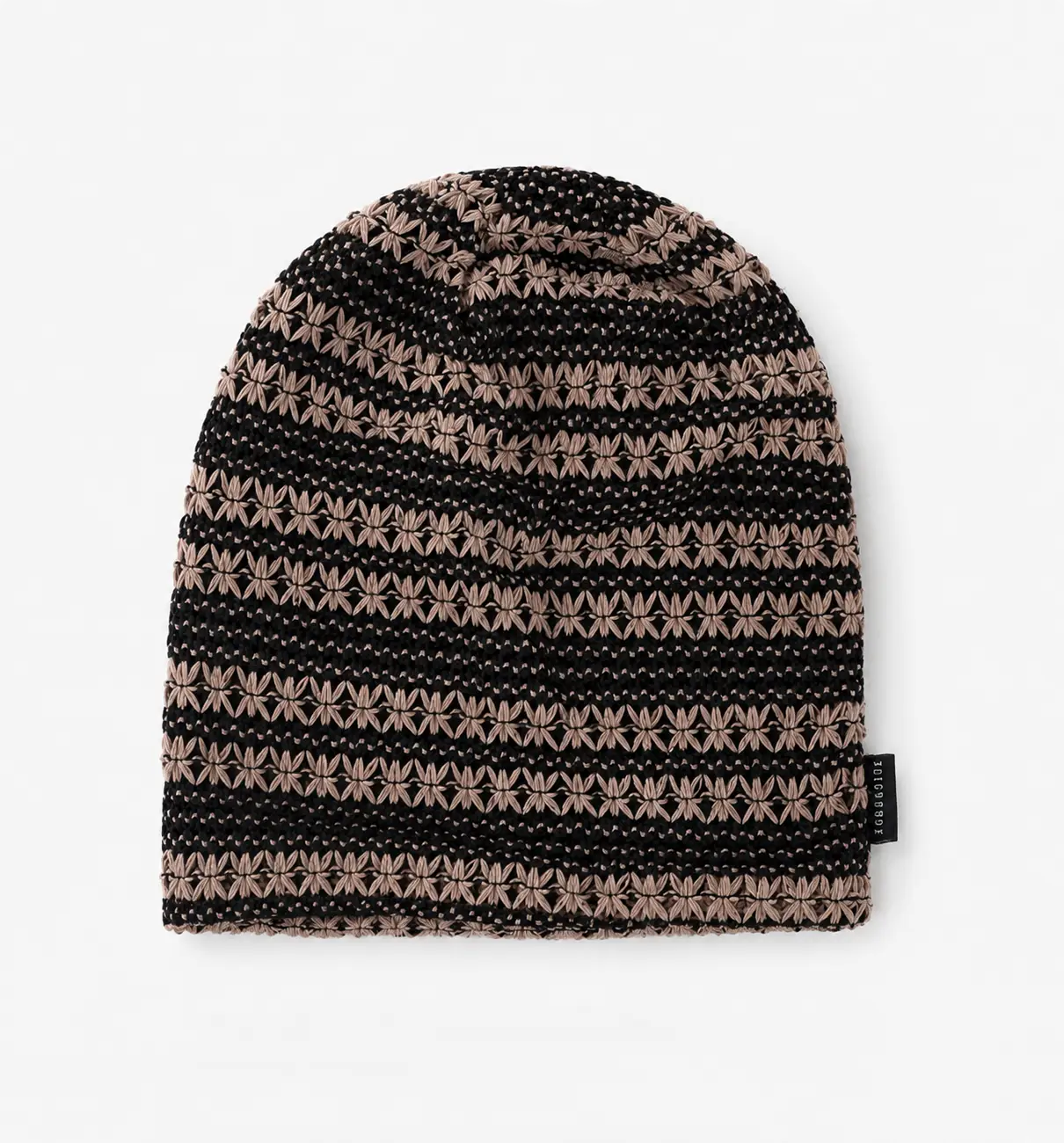 Taupe and black crochet slouchy beanie hat with soft lightweight knit design for women