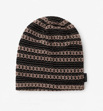 Taupe and black crochet slouchy beanie hat with soft lightweight knit design for women